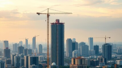 Fototapeta premium Aerial view of a modern apartment building under construction surrounded by construction materials and equipment, habitat, progress