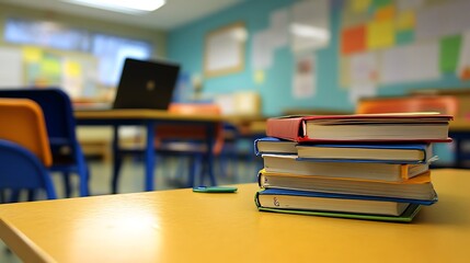 A classroom scene with stacked books on a desk and empty chairs in the background.