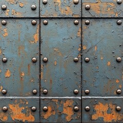 Fototapeta premium A weathered metal surface with rust and rivets, showcasing industrial decay and texture.