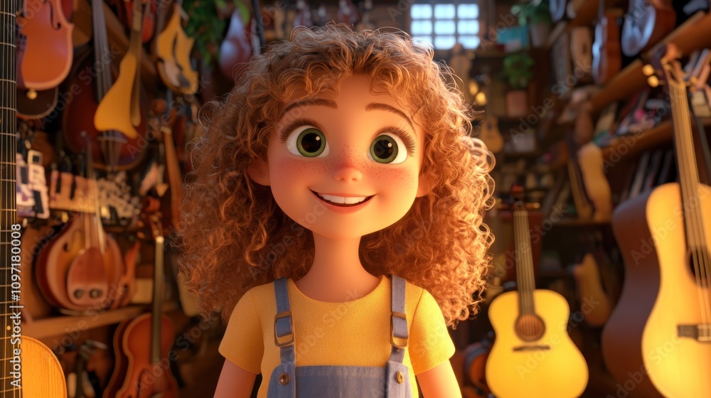 Poster a cheerful animated character in a music shop surrounded by various instruments.