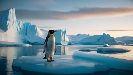 Obraz premium Solitary Penguin at Twilight: An Antarctic Wonderland, Generative AI