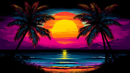 Naklejka premium Retro wave horizon landscape with neon lights, palm trees, and sunset at the beach, retro futurism, synthwave. Neon Vaporwave Sunset. Illustration
