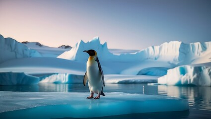Obraz premium Solitary Penguin at Twilight: An Antarctic Wonderland, Generative AI