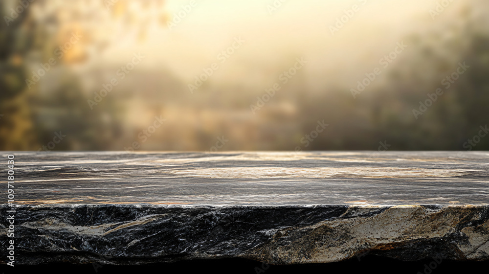 Leinwandbilder Ideal setting for displaying products on a stone surface with a misty autumn backdrop