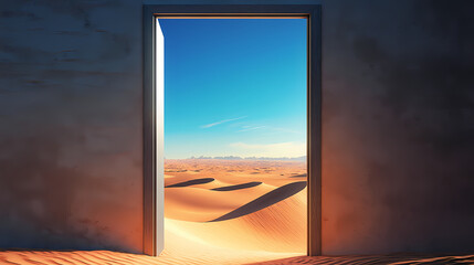 Door opened to vast desert landscape with endless sand dunes under clear blue sky , desert, sand dunes, empty, vast, landscape, horizon. Endless Sand Horizon. Illustration