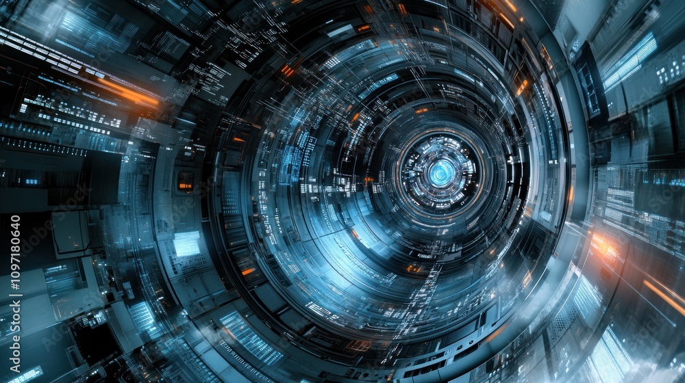 Poster a futuristic digital tunnel with glowing elements and intricate circuitry.