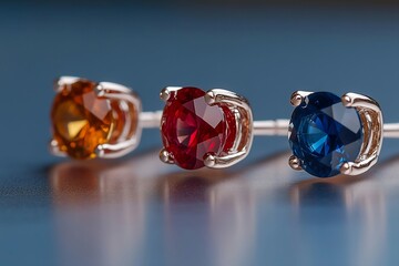 Three Rose Gold Stud Earrings with Orange, Red, and Blue Gemstones