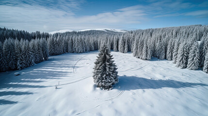 serene snow-covered fir forest under blue sky