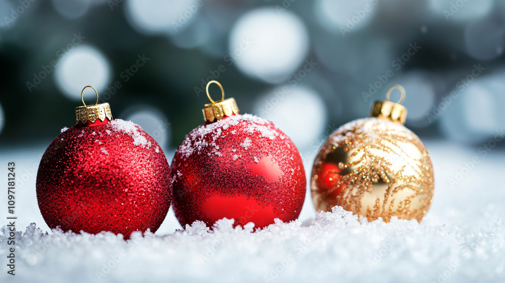 Poster christmas balls with snow resting on a snowy surface with blurred christmas lights in the background