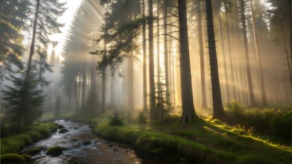 Naklejka premium Enchanted Morning Mist: Sunbeams Pierce Through Ancient Forest Firs