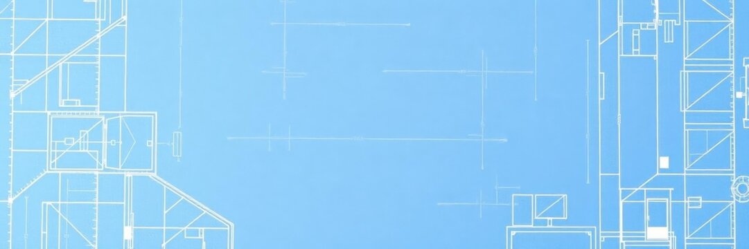 Blueprint photo effect with white lines on a blue background, resembling architectural plans or technical drawings, white lines, plans