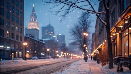 Naklejka premium A snowy city street at dusk with glowing streetlights and festive decorations. The softly falling snow and blurred lights create a cozy and peaceful winter atmosphere