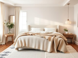 Cozy cream colored woolen blanket on king size bed in bright bedroom, relaxation, blanket