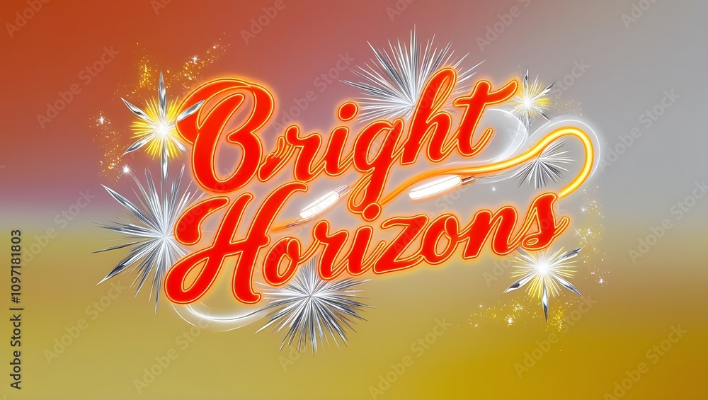 Poster bright horizons text art with fireworks and glowing trails on a gradient background.