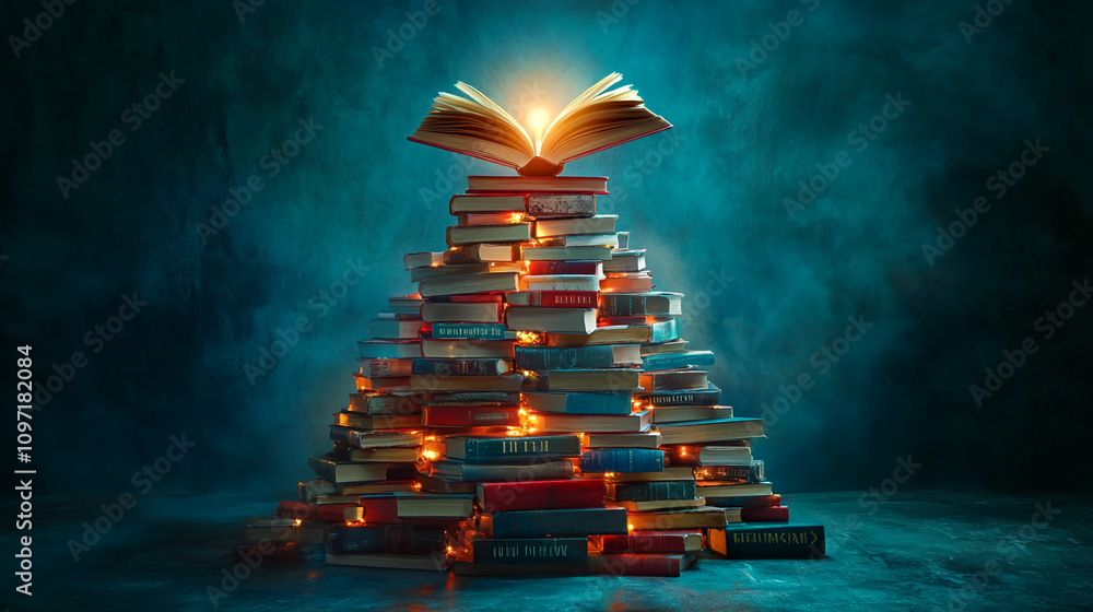 Poster Stack of books illuminated by glowing open book against a mystical backdrop during a calm evening