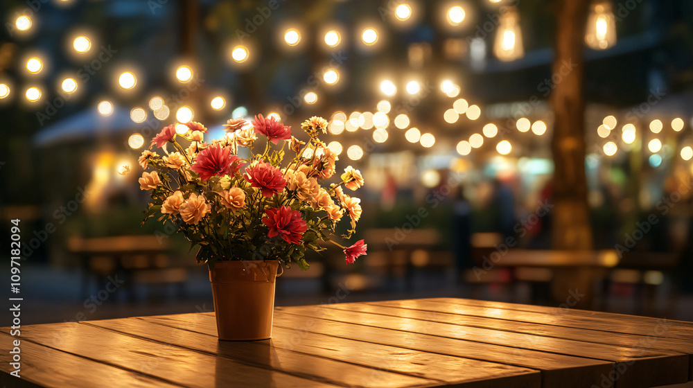 Poster bouquet of flowers sits on a wooden table at a night market, illuminated by string lights, creating 