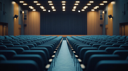 Naklejka premium Empty blue chairs in a conference hall leading to a stage with closed curtains, building anticipation for an upcoming event