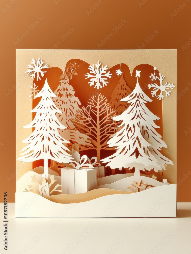 Poster a holiday card showcases detailed paper cut-outs of trees and snowflakes. it features decorative ele