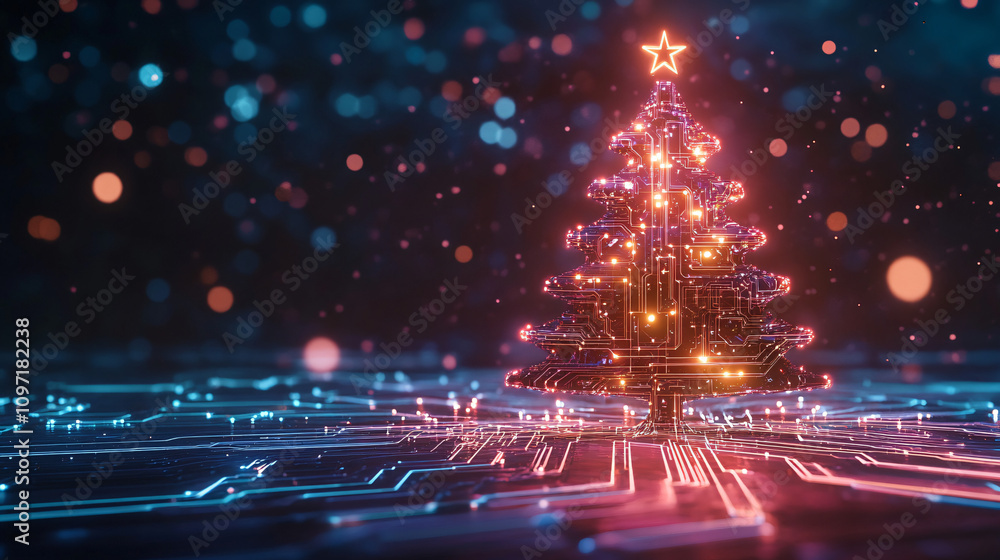 Aufkleber Sparkling electronic circuit christmas tree representing technological progress and holiday cheer