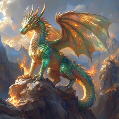 Majestic Green Dragon Perched Atop Rocky Mountain Peak