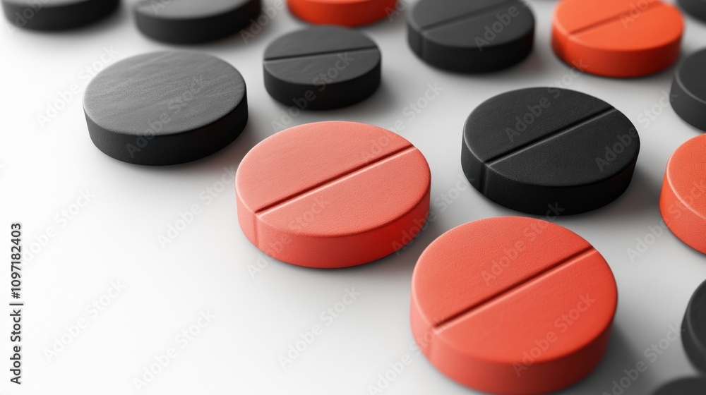 Aufkleber a collection of red and black circular tokens arranged on a flat surface.