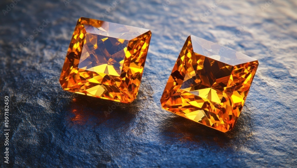 Poster two sparkling orange gemstones displayed on a textured surface.