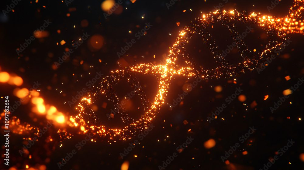 Poster orange particles forming a dna double helix rotating on a black background with glowing particles