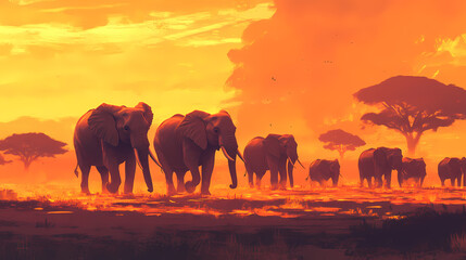 Fototapeta premium Animals and wildlife: a herd of elephants walking across the african plains, showcasing the social bonds and majestic presence of these animals. Majestic Unicorn Plains. Illustration