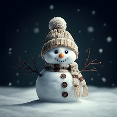 A hyper-realistic, 4K image of a snowman wearing a red hat and scarf, standing in a snowy landscape. The snowman has a carrot nose, coal eyes, and stick arms. The background is a solid pure white colo