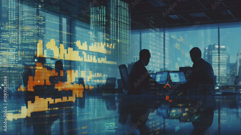 Poster Two businessmen working late at night analyzing financial data and computer code projected on a screen in a modern office