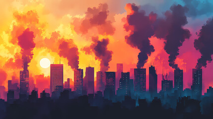 Ai generated illustration of a city landscape with smoke rising in the background. Rising Firestorm Horizon. Illustration