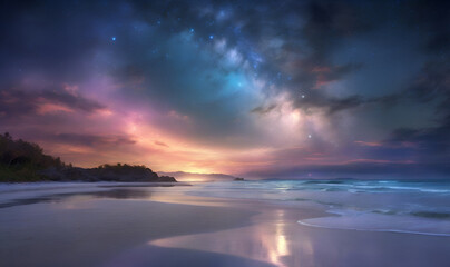 Fototapeta premium Moon glow on the beach where sea and sky meet.