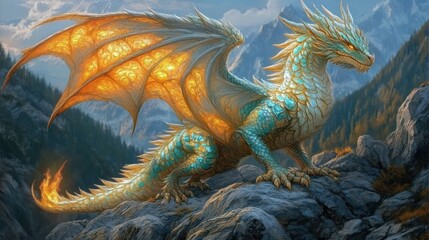 Majestic Dragon Perched on Mountain Rocks at Dawn