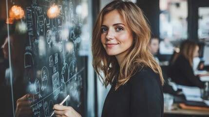 collaborative office setting where a woman is leading a brainstorming or planning session.