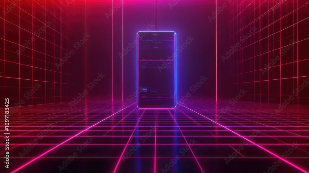 Poster Neon Smartphone Displaying Digital Interface In Grid Room
