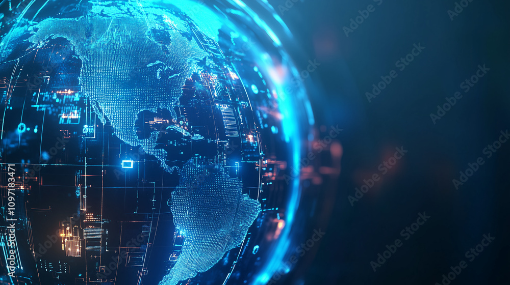 Poster global communication technologies featuring digital tech innovations represented through a wireless 