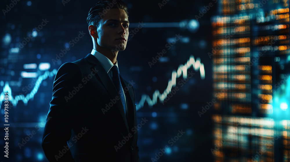 Aufkleber Businessman analyzing financial data and graphs showing growing profits on a screen in a dimly lit room