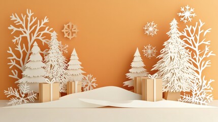 Paper holiday card showcases detailed cut-out trees and wrapped gift boxes, creating a festive atmosphere suitable for winter celebrations. Generative AI