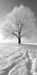 A snowy tree on a snowfield, winter time - phone wallpaper - Generative AI