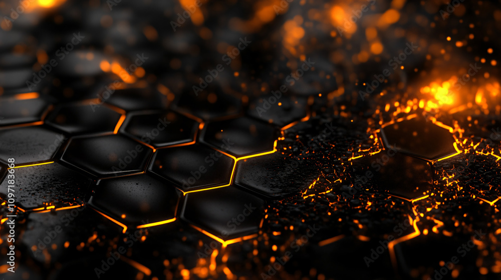 Poster black metallic hexagonal surface with orange glowing edges breaking apart, creating a futuristic and