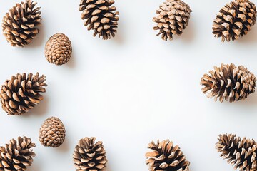 Fototapeta premium Pine cones arranged around empty center on white