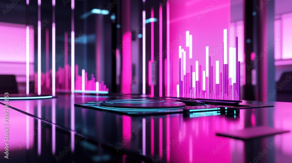 Poster Futuristic workspace with glowing graphs and digital interfaces.