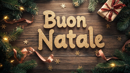 Elegant Buon Natale spelled out in golden sparkles with festive Christmas decorations