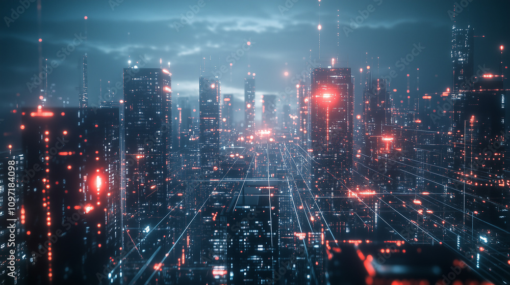 Poster futuristic night city connection visualizing the interconnectedness of a smart city through dots and