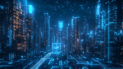 Futuristic Night City with Connections portraying a vibrant night cityscape with smart city elements in striking blue neon hues