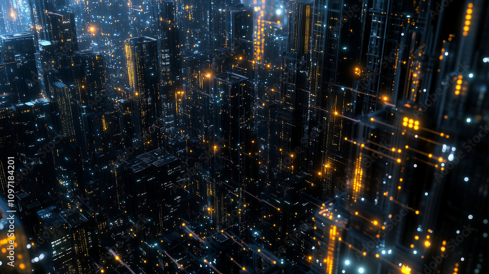 Poster futuristic night city connection visualizing the interconnectedness of a smart city through dots and