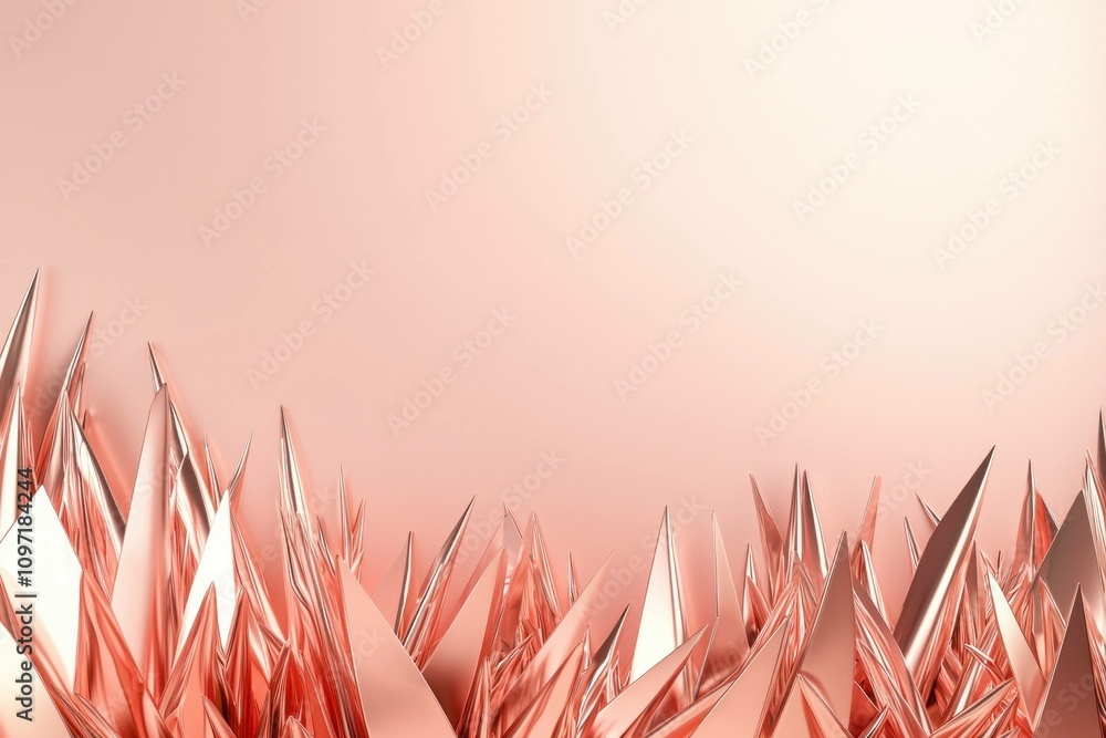 Poster abstract composition of sharp, metallic, pinkish shapes rising from a smooth surface, creating a mod