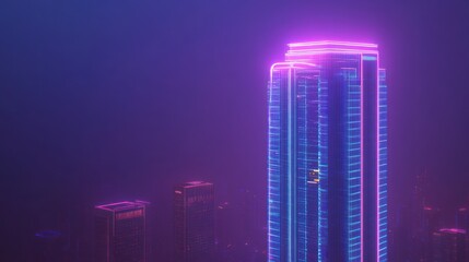 Neon Lit Skyscrapers in a Foggy Cityscape