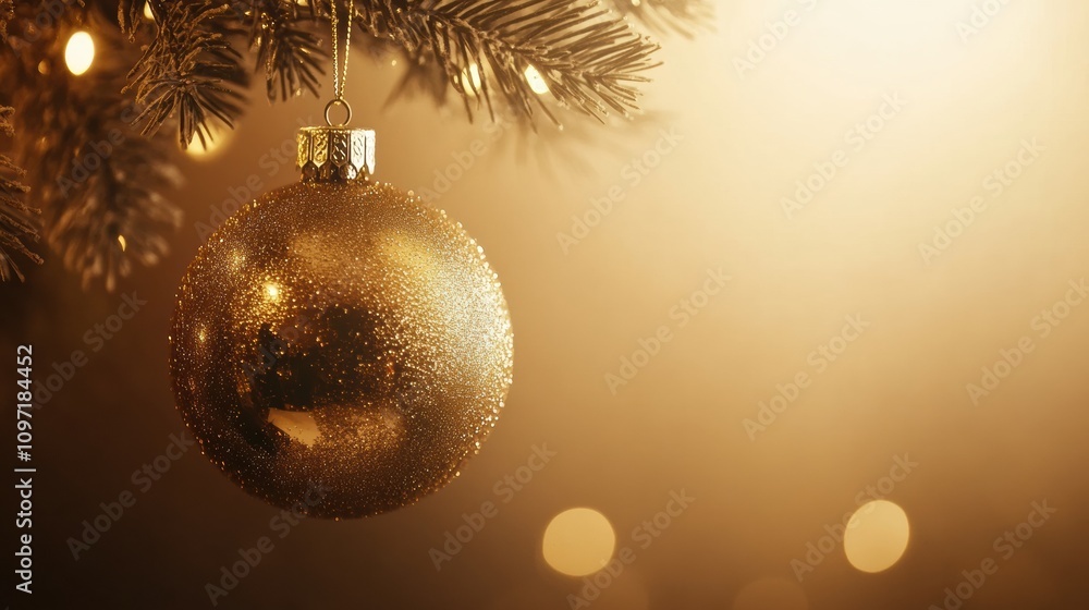 Aufkleber a beautifully crafted golden ornament sparkles as it dangles from a pine branch, illuminated by warm