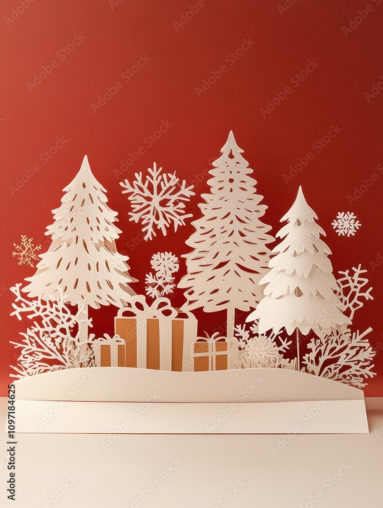 Poster Crafted holiday card showcases intricate cut-out trees and wrapped presents, creating a festive atmosphere against a bright red backdrop. Generative AI